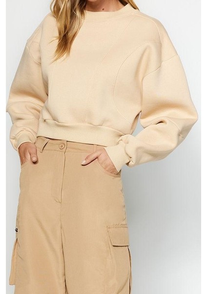 Kadın Bisiklet Yaka Düşük Kol Kalın Içi Polarlı Dikiş Detaylı Normal Kalıp Örme Sweatshirt