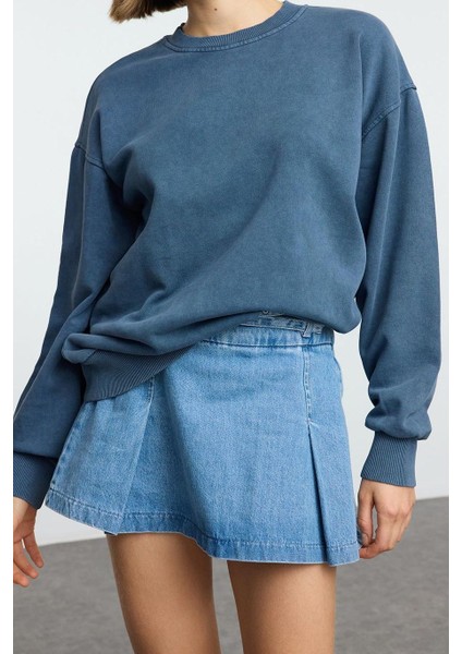 Kadın Moda Şık Oversize Bisiklet Yaka Düşük Kol Uzun Yıkamalı Rahat Kesim Basic Örme Sweatshirt