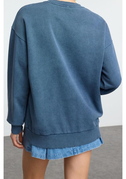 Kadın Moda Şık Oversize Bisiklet Yaka Düşük Kol Uzun Yıkamalı Rahat Kesim Basic Örme Sweatshirt