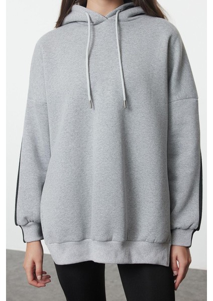 Kadın Moda Şık Oversize Kapüşonlu Düşük Kol Uzun Geniş Kalıp Içi Polarlı Örme Spor Sweatshirt