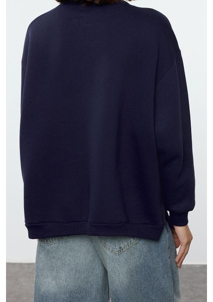 Kadın Bol Dik Yaka Düşük Kol Uzun Çıtçıtlı Kalıp Çıtçıtlı Biyeli Kalın Içi Polarlı Örme Sweatshirt