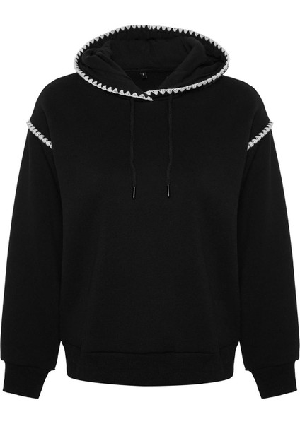Kadın Moda Şık Regular Kapüşonlu Düşük Kol Regular Kroşeta Detaylı Kalın Içi Polarlı Örme Sweatshirt