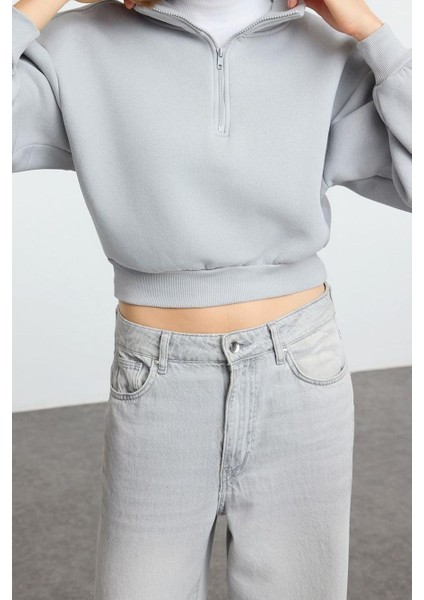 Kadın Fitted Fermuarlı Yaka Crop Rahat Kesim Crop Basic Fermuarlı Kalın Polarlı Örme Sweatshirt