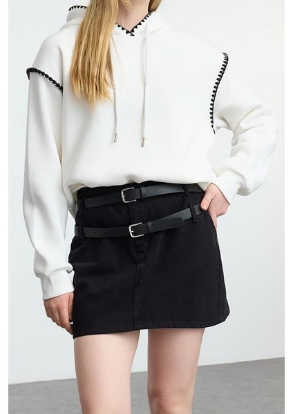 Kadın Moda Şık Regular Kapüşonlu Düşük Kol Regular Kroşeta Detaylı Kalın Içi Polarlı Örme Sweatshirt