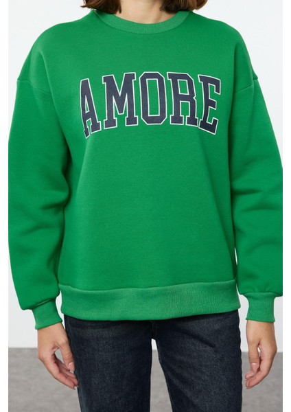 Kadın Bol Bisiklet Yaka Düşük Kol Uzun Kalın Içi Polarlı Geniş Kesim Slogan Nakışlı Örme Sweatshirt
