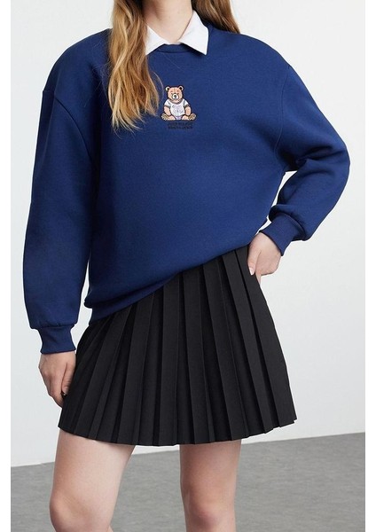 Kadın Moda Şık Relaxed Bisiklet Yaka Düşük Kol Regular Rahat Kalıp Nakışlı Kalın Örme Sweatshirt