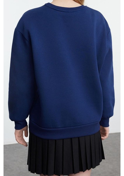 Kadın Moda Şık Relaxed Bisiklet Yaka Düşük Kol Regular Rahat Kalıp Nakışlı Kalın Örme Sweatshirt