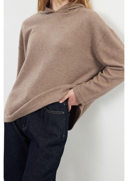 Kadın Moda Şık Bol Kapüşonlu Düşük Kol Uzun Selanik Geniş Kalıp Örme Sweatshirt
