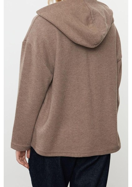 Kadın Moda Şık Bol Kapüşonlu Düşük Kol Uzun Selanik Geniş Kalıp Örme Sweatshirt
