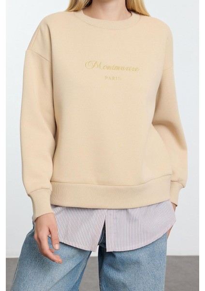 Kadın Relaxed Bisiklet Yaka Düşük Kol Uzun Slogan Baskılı ve Poplin Rahat Kalıp Örme Sweatshirt