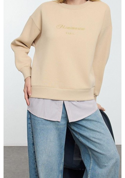 Kadın Relaxed Bisiklet Yaka Düşük Kol Uzun Slogan Baskılı ve Poplin Rahat Kalıp Örme Sweatshirt