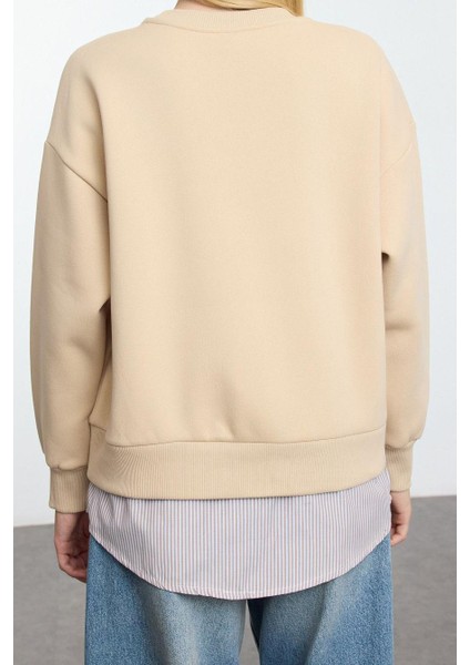 Kadın Relaxed Bisiklet Yaka Düşük Kol Uzun Slogan Baskılı ve Poplin Rahat Kalıp Örme Sweatshirt