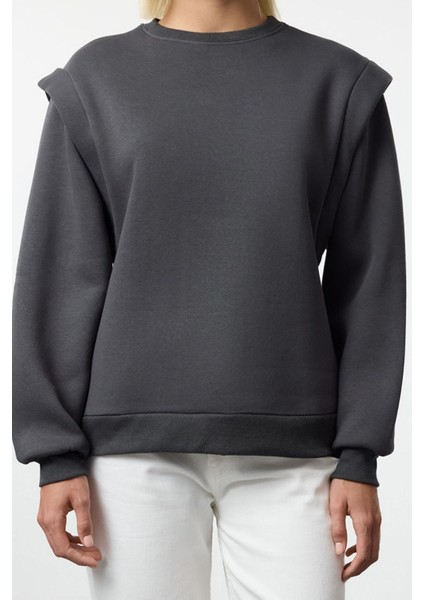 Kadın Moda Şık Regular Bisiklet Yaka Düşük Kol Regular Geniş Kalıp Kalın Içi Polarlı Örme Sweatshirt