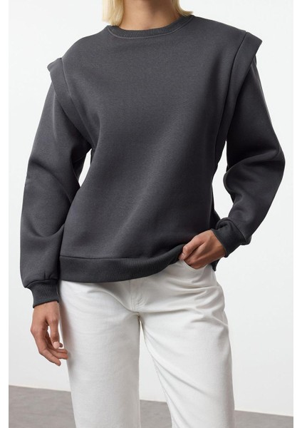 Kadın Moda Şık Regular Bisiklet Yaka Düşük Kol Regular Geniş Kalıp Kalın Içi Polarlı Örme Sweatshirt