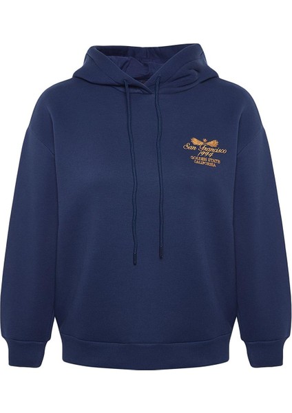 Kadın Kapüşonlu Düşük Kol Standart Normal Kalıp Nakışlı Kalın Polarlı Örme Sweatshirt