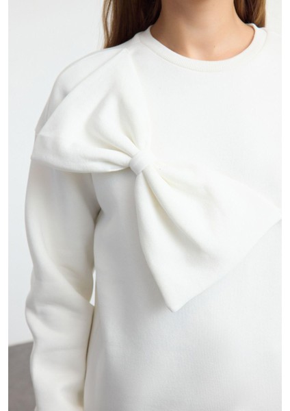 Kadın Moda Şık Bol Bisiklet Yaka Düşük Kol Uzun Ince Kurdele Detaylı Rahat Kesim Örme Sweatshirt