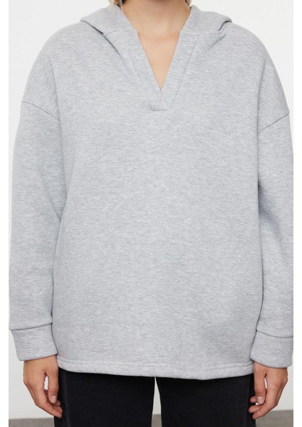 Kadın Moda Şık Bol Kapüşonlu Düşük Kol Uzun Geniş Kalıp Kalın Örme Sweatshirt