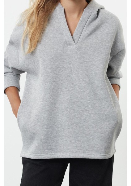 Kadın Moda Şık Bol Kapüşonlu Düşük Kol Uzun Geniş Kalıp Kalın Örme Sweatshirt