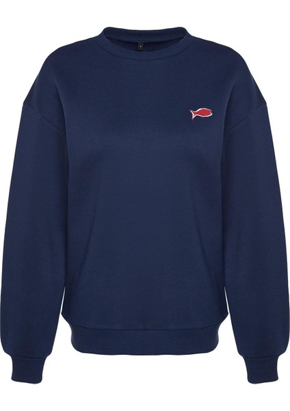 Kadın Moda Şık Oversize Bisiklet Yaka Düşük Kol Regular Baskılı Örme Sweatshirt