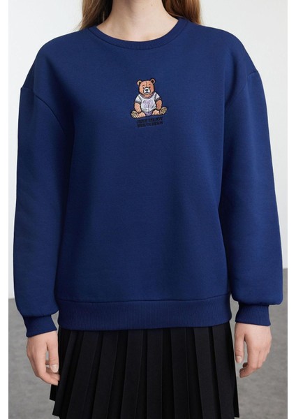 Kadın Moda Şık Relaxed Bisiklet Yaka Düşük Kol Regular Rahat Kalıp Nakışlı Kalın Örme Sweatshirt