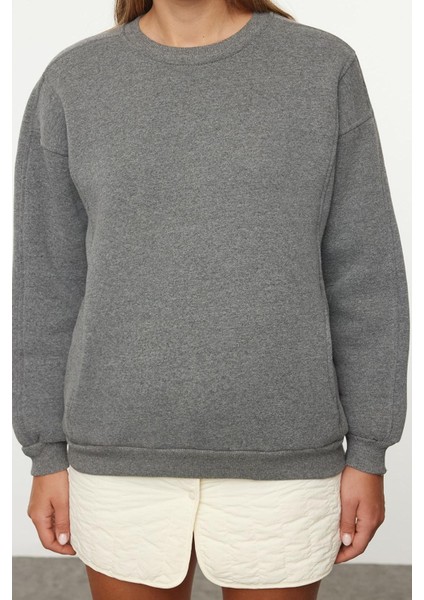 Kadın Moda Şık Bol Bisiklet Yaka Düşük Kol Uzun Geniş Kalıp Cepli Kalın Örme Sweatshirt