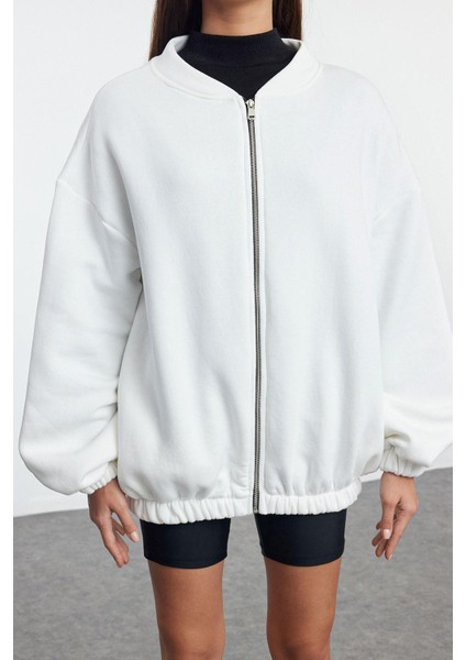 Kadın Oversize Bisiklet Yaka Düşük Kol Uzun Fermuarlı Geniş Kalıp Kalın Içi Polarlı Örme Sweatshirt