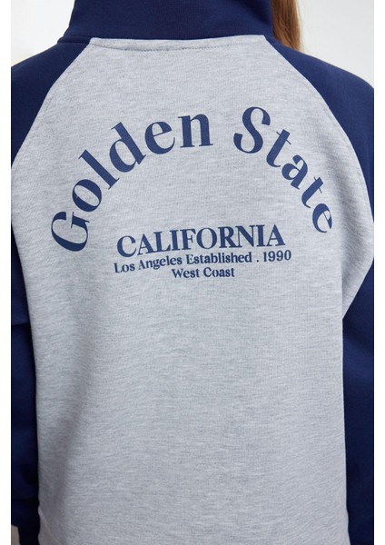 Kadın Moda Şık Bol Fermuarlı Yaka Düşük Kol Uzun Slogan Baskılı Kalıp Reglan Kol Örme Sweatshirt