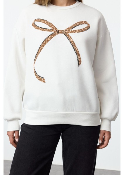 Kadın Moda Bol Bisiklet Yaka Düşük Kol Uzun Baskılı Geniş Kalıp Kalın Içi Polarlı Örme Sweatshirt