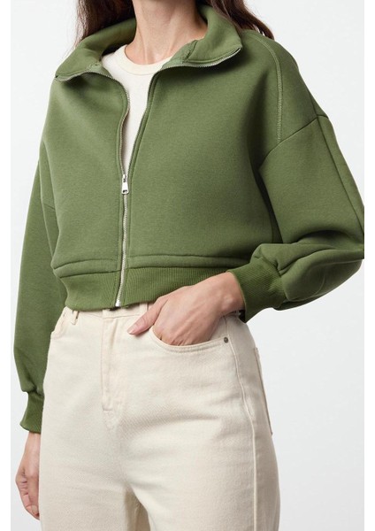 Kadın Fermuarlı Yaka Düşük Kol Normal Kalıp Fermuarlı Kalın Içi Polarlı Örme Sweatshirt fiyatları