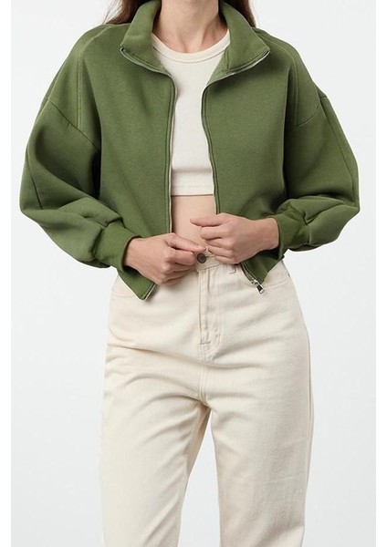 Kadın Fermuarlı Yaka Düşük Kol Normal Kalıp Fermuarlı Kalın Içi Polarlı Örme Sweatshirt modelleri