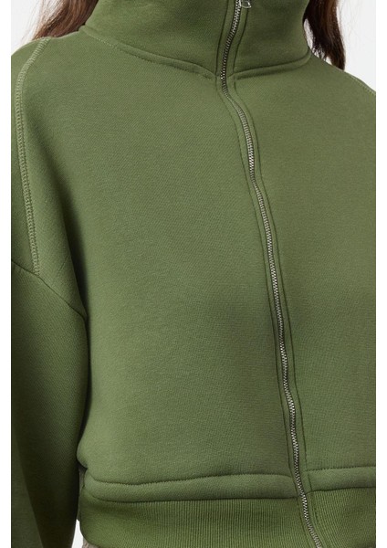 Kadın Fermuarlı Yaka Düşük Kol Normal Kalıp Fermuarlı Kalın Içi Polarlı Örme Sweatshirt fırsatları