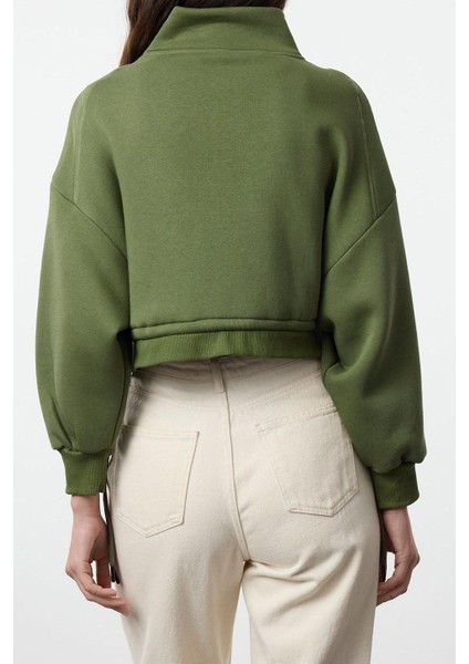Kadın Fermuarlı Yaka Düşük Kol Normal Kalıp Fermuarlı Kalın Içi Polarlı Örme Sweatshirt indirimleri