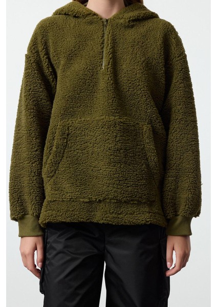 Kadın Moda Şık Bol Kapüşonlu Düşük Kol Uzun Fermuarlı Geniş Kalıp Peluş Örme Sweatshirt