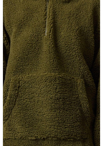 Kadın Moda Şık Bol Kapüşonlu Düşük Kol Uzun Fermuarlı Geniş Kalıp Peluş Örme Sweatshirt fırsatları