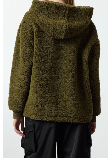 Kadın Moda Şık Bol Kapüşonlu Düşük Kol Uzun Fermuarlı Geniş Kalıp Peluş Örme Sweatshirt indirimleri
