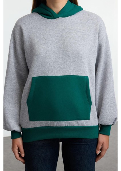 Kadın Moda Şık Bol Kapüşonlu Düşük Kol Uzun Geniş Yaka Kalın Içi Polarlı Örme Sweatshirt