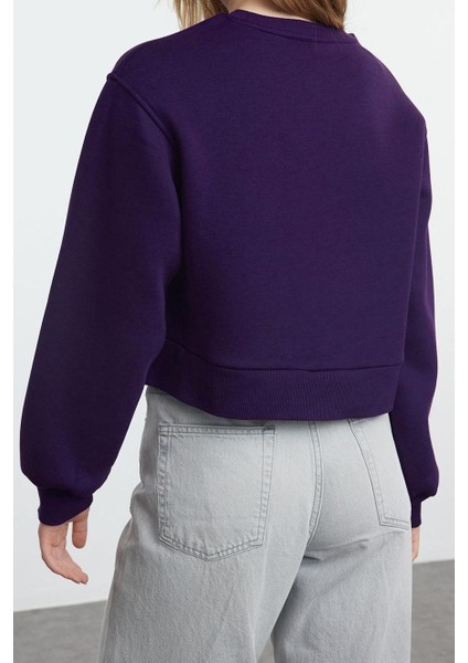 Kadın Bisiklet Yaka Düşük Kol Crop Kalın Polarlı Geniş Kalıp Crop Basic Örme Sweatshirt