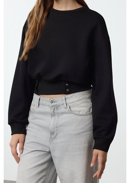 Kadın Moda Şık Bol Bisiklet Yaka Düşük Kol Uzun Çıtçıtlı Rahat Kalıp Crop Kalın Örme Sweatshirt fiyatları