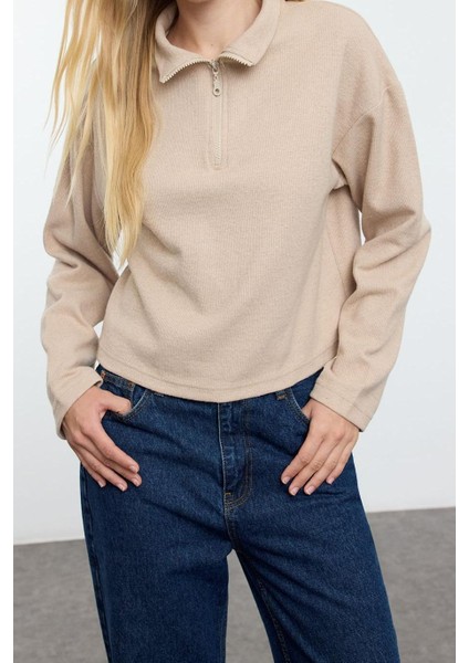 Kadın Fermuarlı Yaka Düşük Kol 2li Paket Selanik Normal Kalıp Fermuarlı Yaka Örme Sweatshirt modelleri