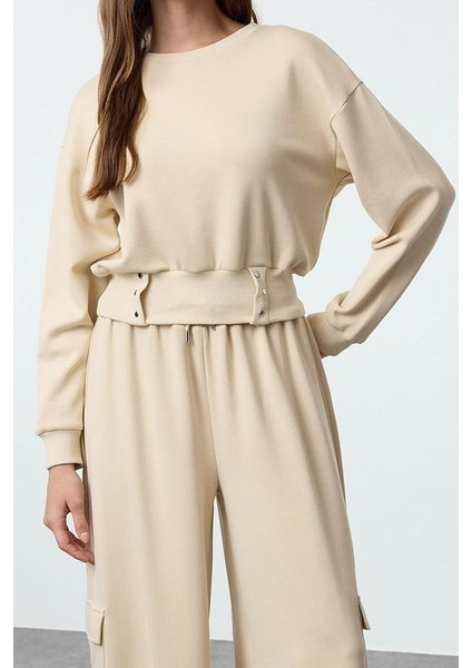 Kadın Moda Şık Bol Bisiklet Yaka Düşük Kol Uzun Çıtçıtlı Rahat Kalıp Crop Kalın Örme Sweatshirt modelleri