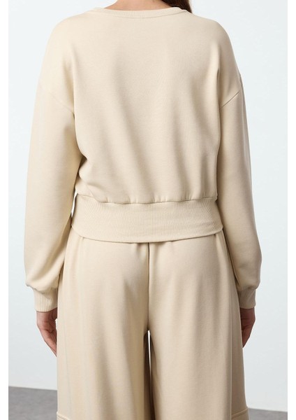 Kadın Moda Şık Bol Bisiklet Yaka Düşük Kol Uzun Çıtçıtlı Rahat Kalıp Crop Kalın Örme Sweatshirt indirimleri