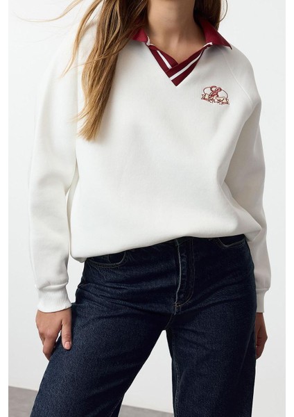 Kadın Moda Şık Bol Polo Yaka Düşük Kol Uzun Nakışlı Gneiş Kalıp Kalın Içi Polarlı Örme Sweatshirt