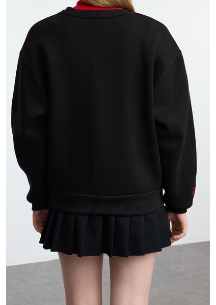Kadın Regular Bisiklet Yaka Düşük Kol Regular Nakışlı Normal Kalıp Kalın Içi Polarlı Örme Sweatshirt indirimleri