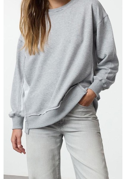 Kadın Moda Şık Bol Bisiklet Yaka Düşük Kol Uzun Kalın Içi Polarlı Geniş Kalıp Örme Sweatshirt