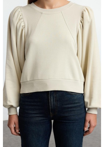 Kadın Moda Şık Regular Bisiklet Yaka Balon Kol Regular Kalın Normal Kalıp Balon Kol Örme Sweatshirt