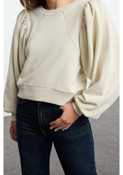 Kadın Moda Şık Regular Bisiklet Yaka Balon Kol Regular Kalın Normal Kalıp Balon Kol Örme Sweatshirt fiyatları