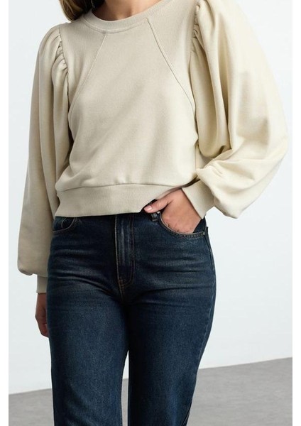 Kadın Moda Şık Regular Bisiklet Yaka Balon Kol Regular Kalın Normal Kalıp Balon Kol Örme Sweatshirt modelleri