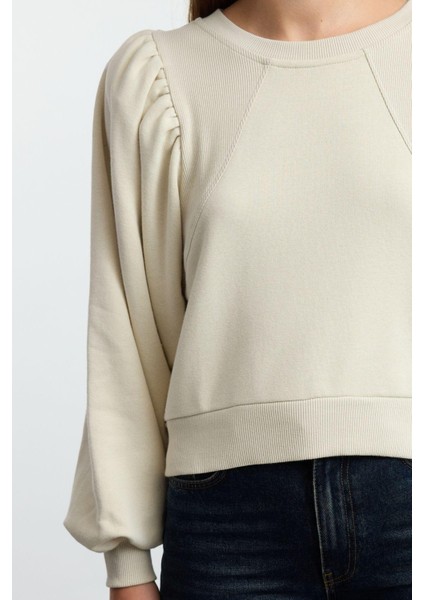 Kadın Moda Şık Regular Bisiklet Yaka Balon Kol Regular Kalın Normal Kalıp Balon Kol Örme Sweatshirt fırsatları