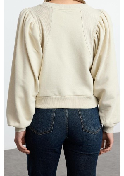 Kadın Moda Şık Regular Bisiklet Yaka Balon Kol Regular Kalın Normal Kalıp Balon Kol Örme Sweatshirt indirimleri