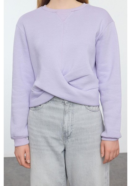 Kadın Moda Slim Bisiklet Yaka Düşük Kol Crop Burgu Detaylı Crop Kalın Içi Polarlı Örme Sweatshirt